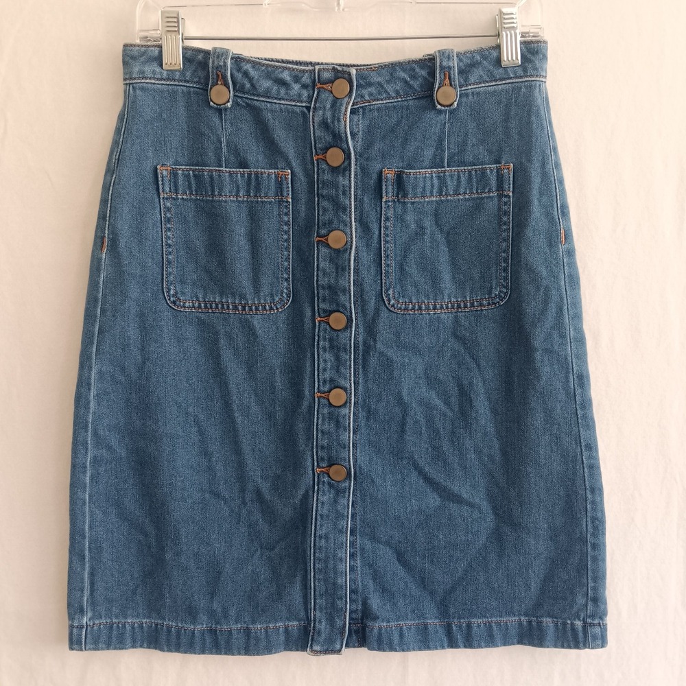 LOFT Denim Skirt Womens 4 Blue Excellent Button Front Patch Pocket A-Line Knee